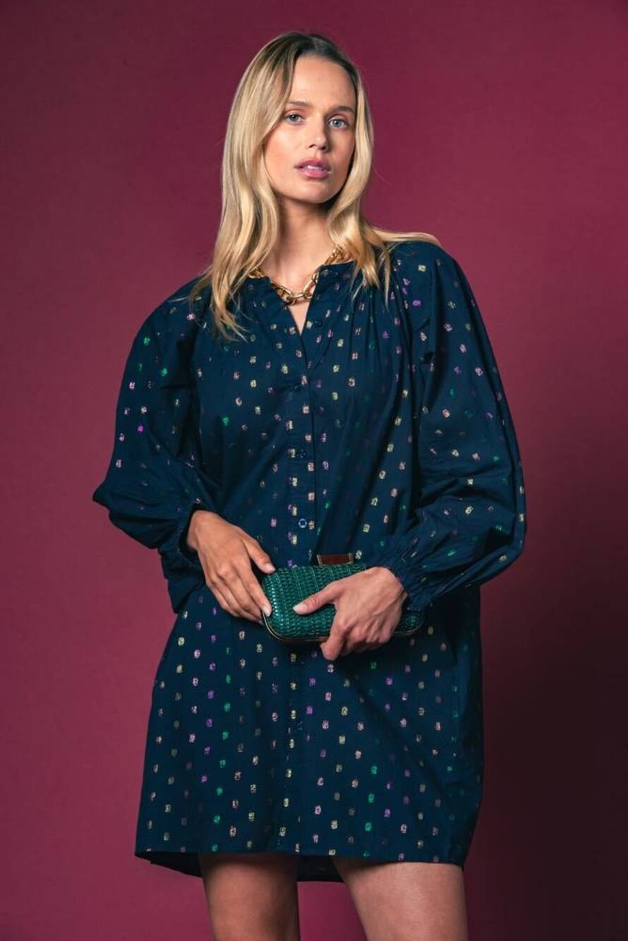 The Shirt by Rochelle Behrens Minka Long Sleeve Shirt Dress Navy Lurex XS NWT